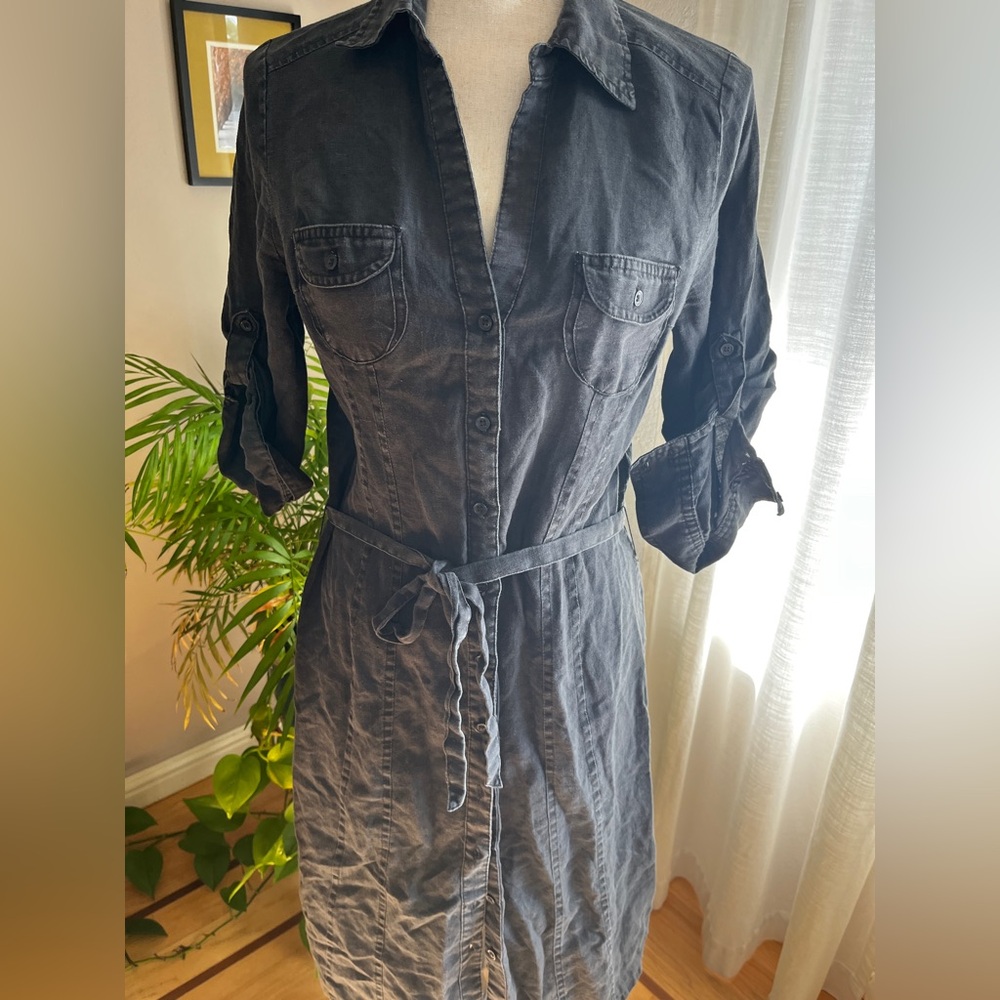 Linen Black Button-down Shirt Dress with Tie Waist